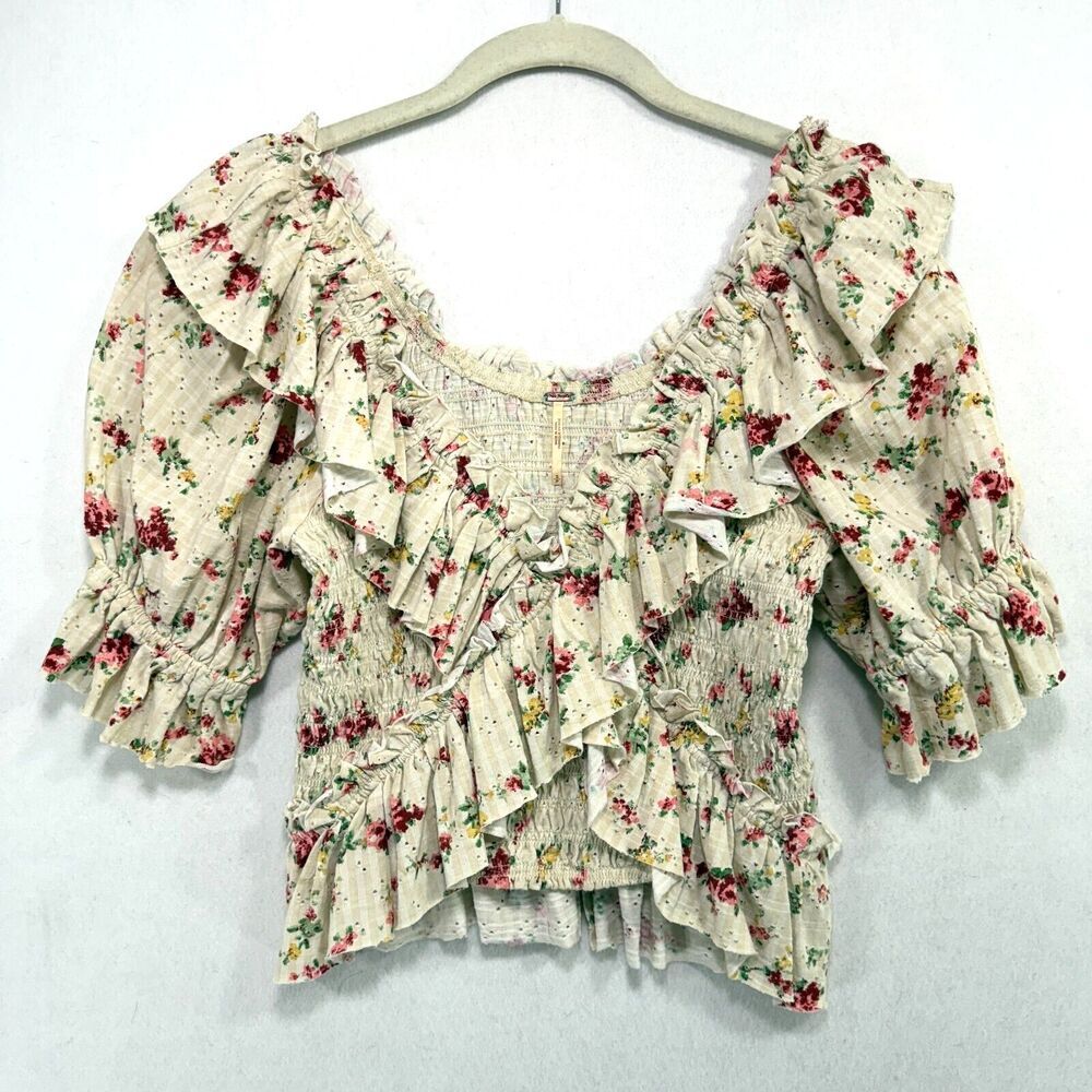 Free People Top Women S Cream Favorite Girl Crop Floral Ruffle Cottagecore Boho - Picture 3 of 13